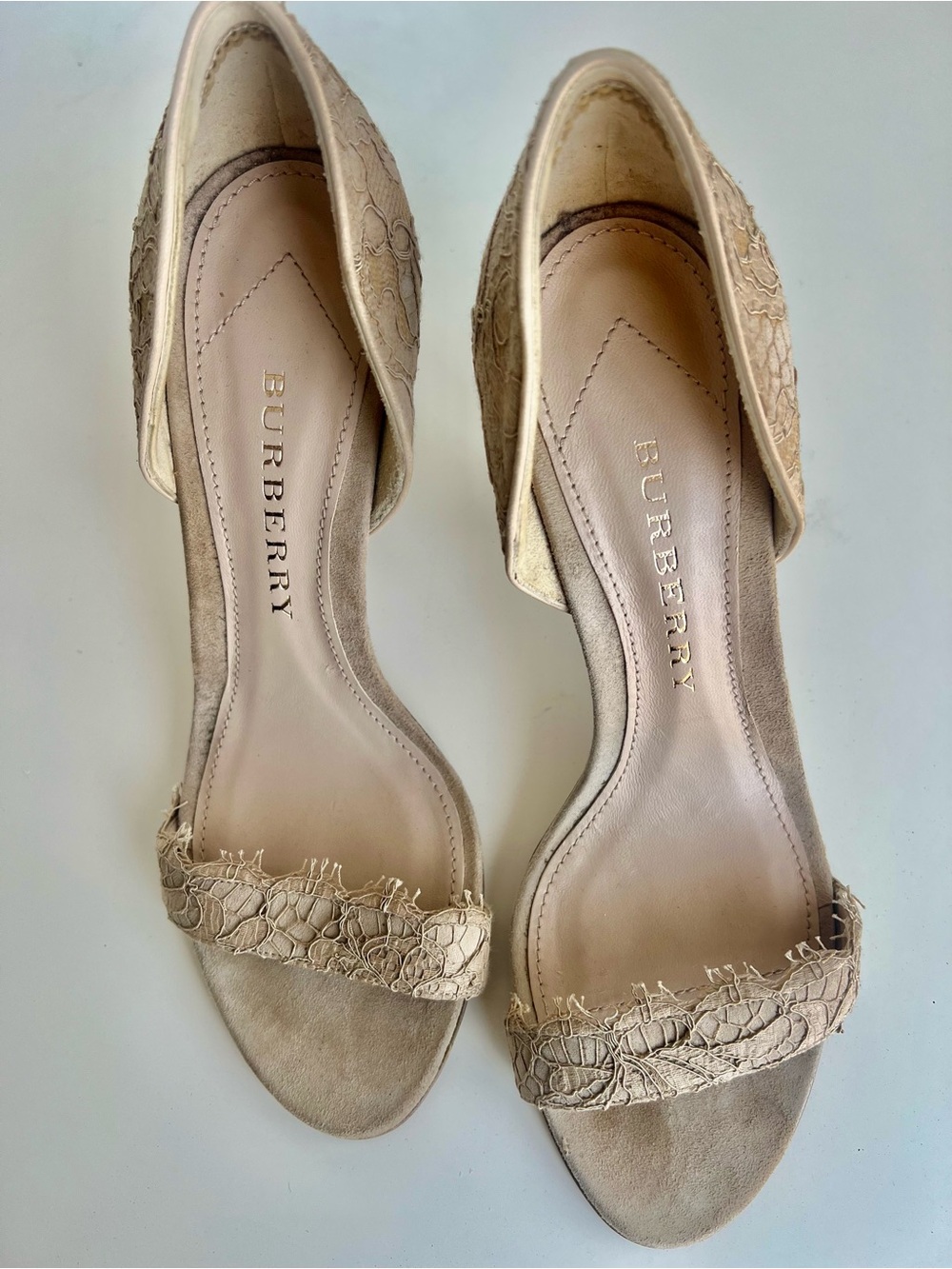 Burberry Beige Lace-Trim Open Toe Heels